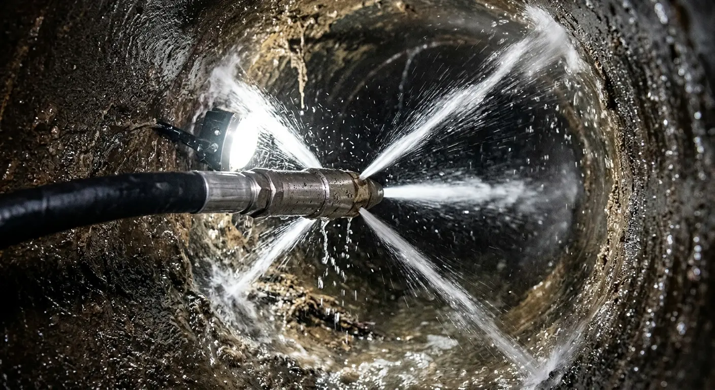 High-pressure hydro jetting nozzle cleaning sewer pipe for Storm Drain Cleaning in Prunedale