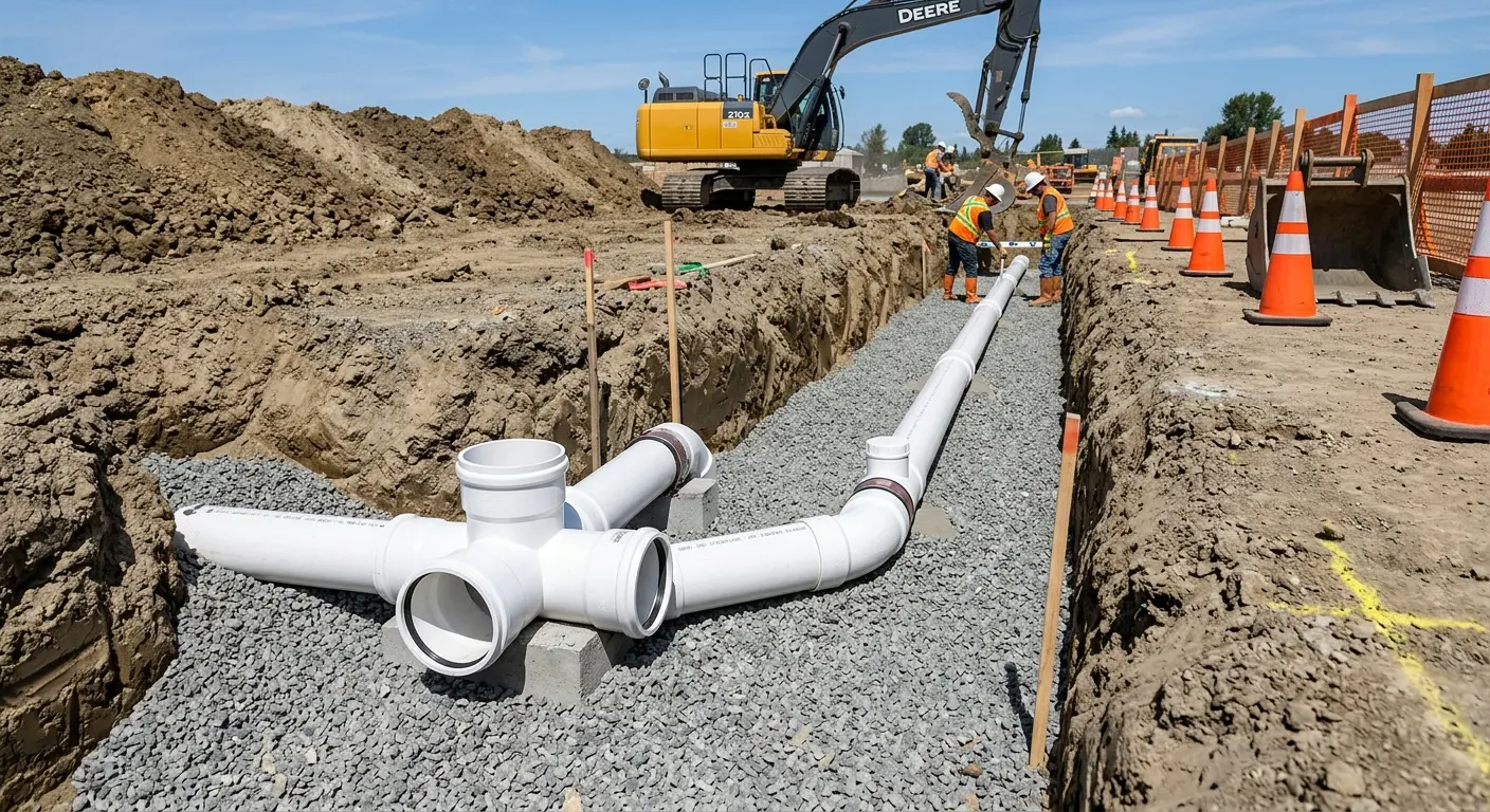 New PVC sewer pipe installation in open trench for Sewer Backup in Prunedale