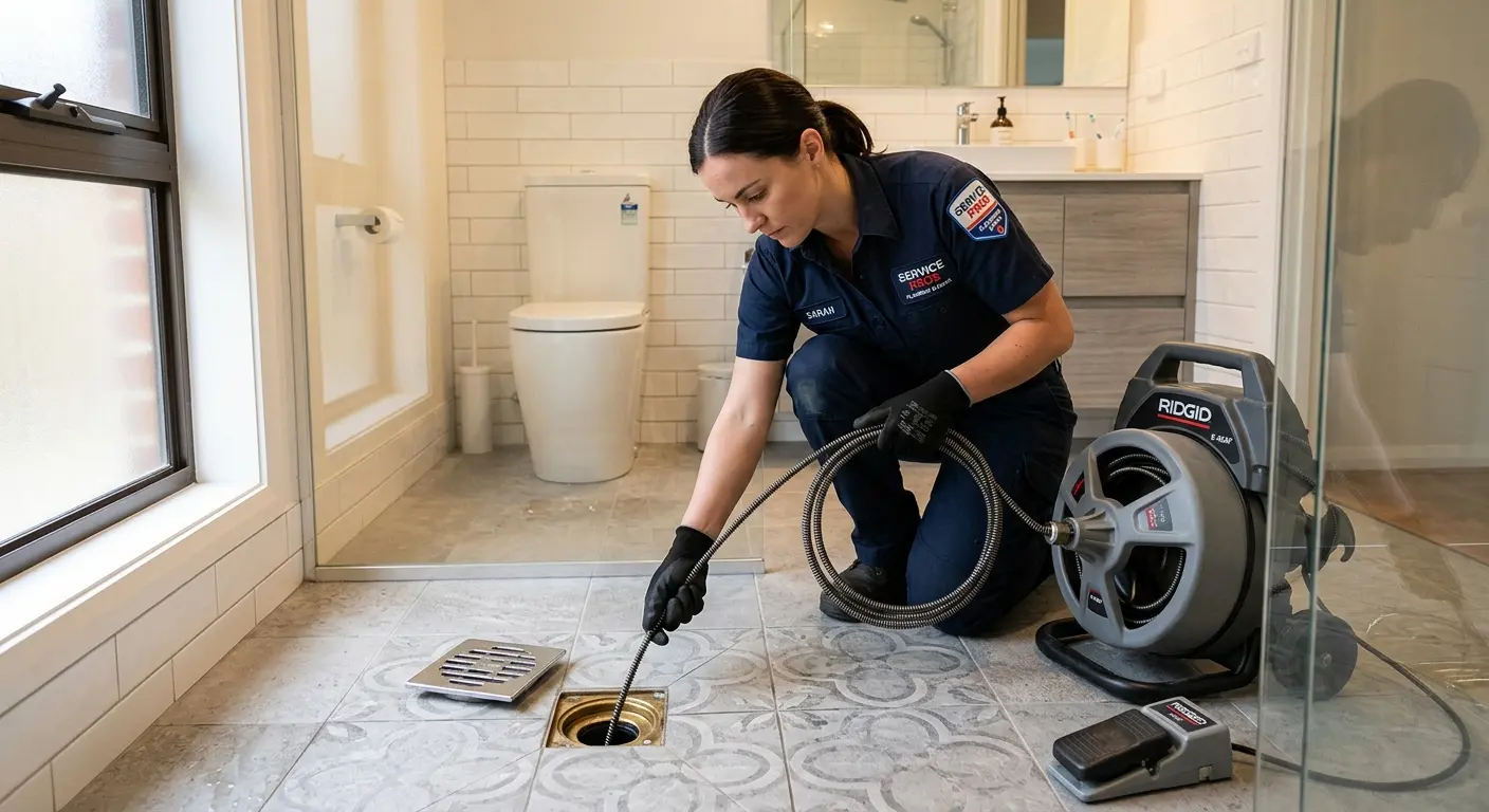 Technician clearing a bathroom floor drain for Drain Cleaning in Prunedale